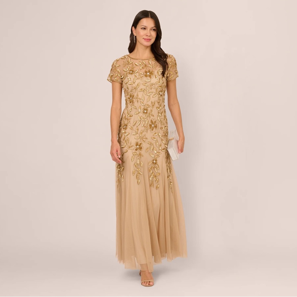 Adrianna Papell Gold Beaded Sequin Mesh Tulle Maxi Gown Dress NWT SZ 0 GALA MOB